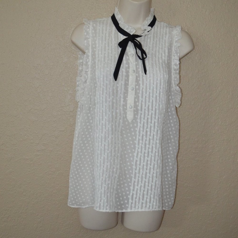Joie White Swiss Dot Sleeveless Blouse with Black Tie